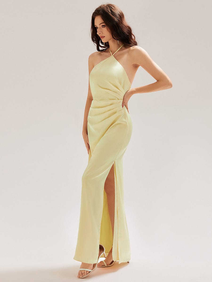 Flowing Ribbons Satin Sleeveless Bridesmaid Dress #color_Yellow