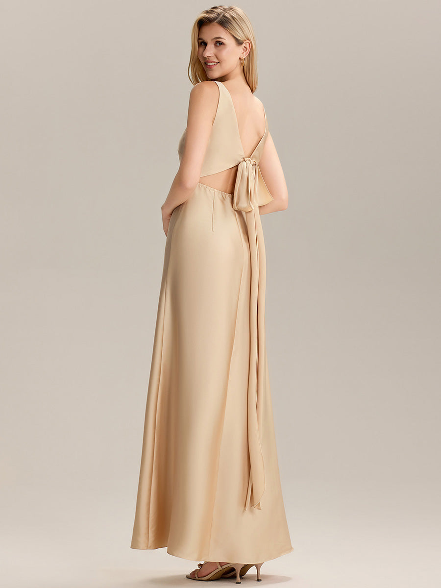 Tie-Front Satin Sleeveless Bridesmaid Dress #color_Champagne