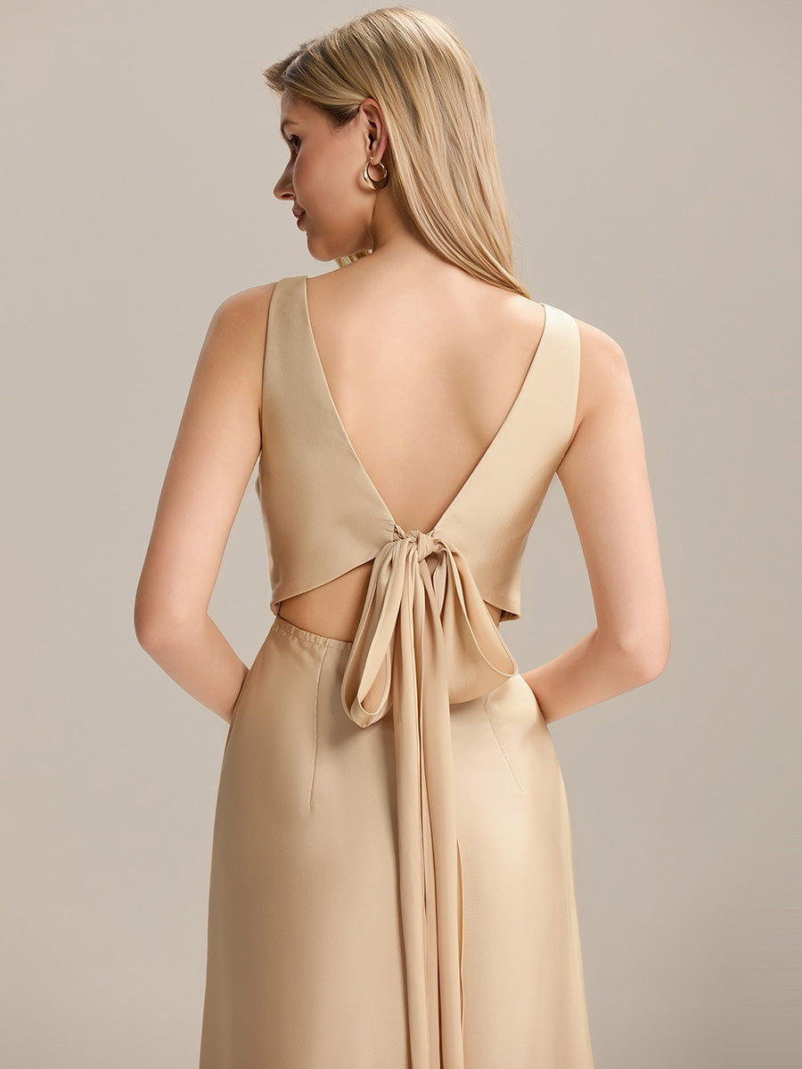 Tie-Front Satin Sleeveless Bridesmaid Dress #color_Champagne