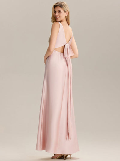 Tie-Front Satin Sleeveless Bridesmaid Dress #color_Pink