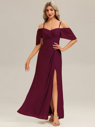 Thigh-High Slit Chiffon Ruffle Sleeve Bridesmaid Dress #color_Burgundy