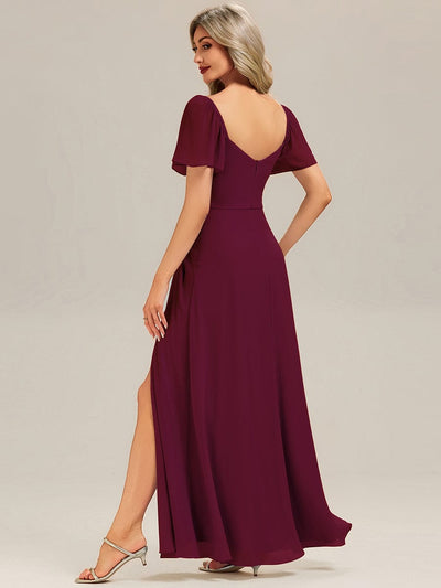 Thigh-High Slit Chiffon Ruffle Sleeve Bridesmaid Dress #color_Burgundy