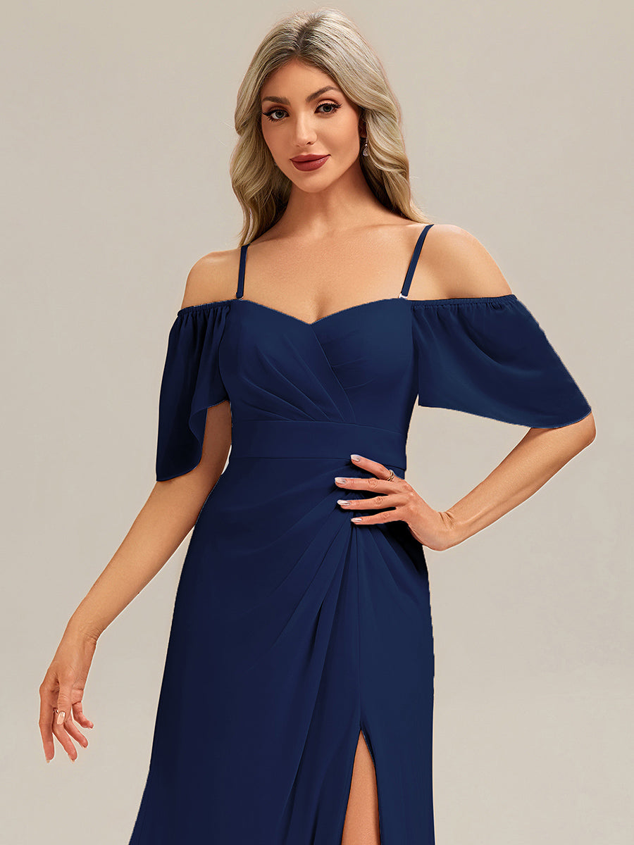 Thigh-High Slit Chiffon Ruffle Sleeve Bridesmaid Dress #color_Navy Blue