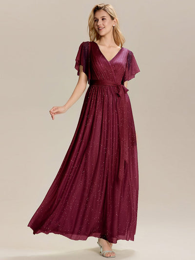 Tie-Front Diamond Linen Ruffle Sleeve Bridesmaid Dress #color_Burgundy