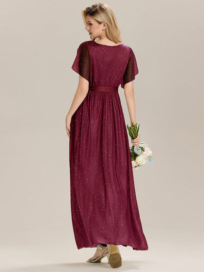 Tie-Front Diamond Linen Ruffle Sleeve Bridesmaid Dress #color_Burgundy
