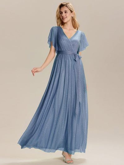 Tie-Front Diamond Linen Ruffle Sleeve Bridesmaid Dress #color_Dusty Blue