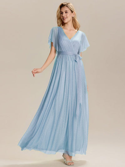 Tie-Front Diamond Linen Ruffle Sleeve Bridesmaid Dress #color_Ice Blue