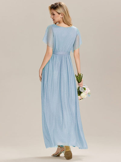 Tie-Front Diamond Linen Ruffle Sleeve Bridesmaid Dress #color_Ice Blue