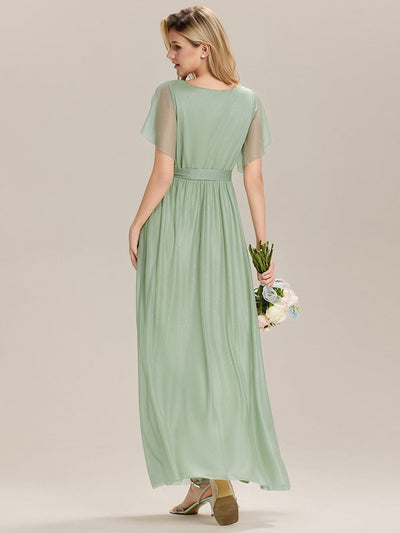 Tie-Front Diamond Linen Ruffle Sleeve Bridesmaid Dress #color_Mint Green