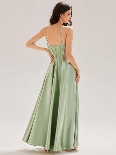 Patchwork Satin Sleeveless Bridesmaid Dress #color_Mint Green