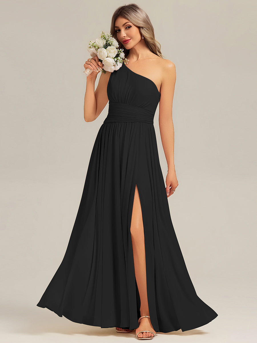 Thigh-High Slit Chiffon Sleeveless Bridesmaid Dress #color_Black