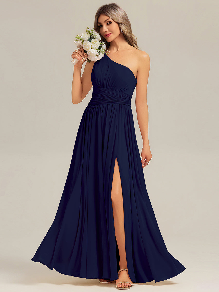 Thigh-High Slit Chiffon Sleeveless Bridesmaid Dress #color_Navy Blue