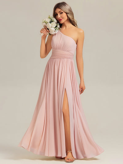 Thigh-High Slit Chiffon Sleeveless Bridesmaid Dress #color_Pink