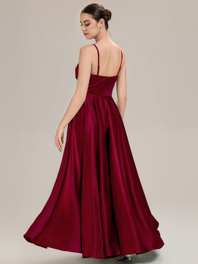 Rhinestone Embellished Satin Sleeveless Bridesmaid Dress #color_Burgundy