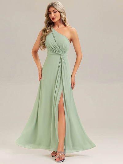 Gathered Chiffon Sleeveless Bridesmaid Dress #color_Mint Green