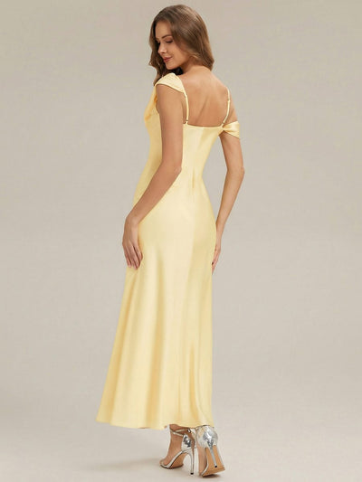 Cowl Neck Satin Drop Shoulder Sleeve Dress #color_Yellow