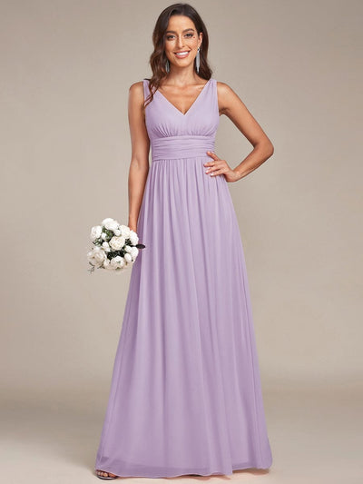 V Neck Sleeveless Pleated Chiffon Maxi Evening Dress #color_Frosted Lilac