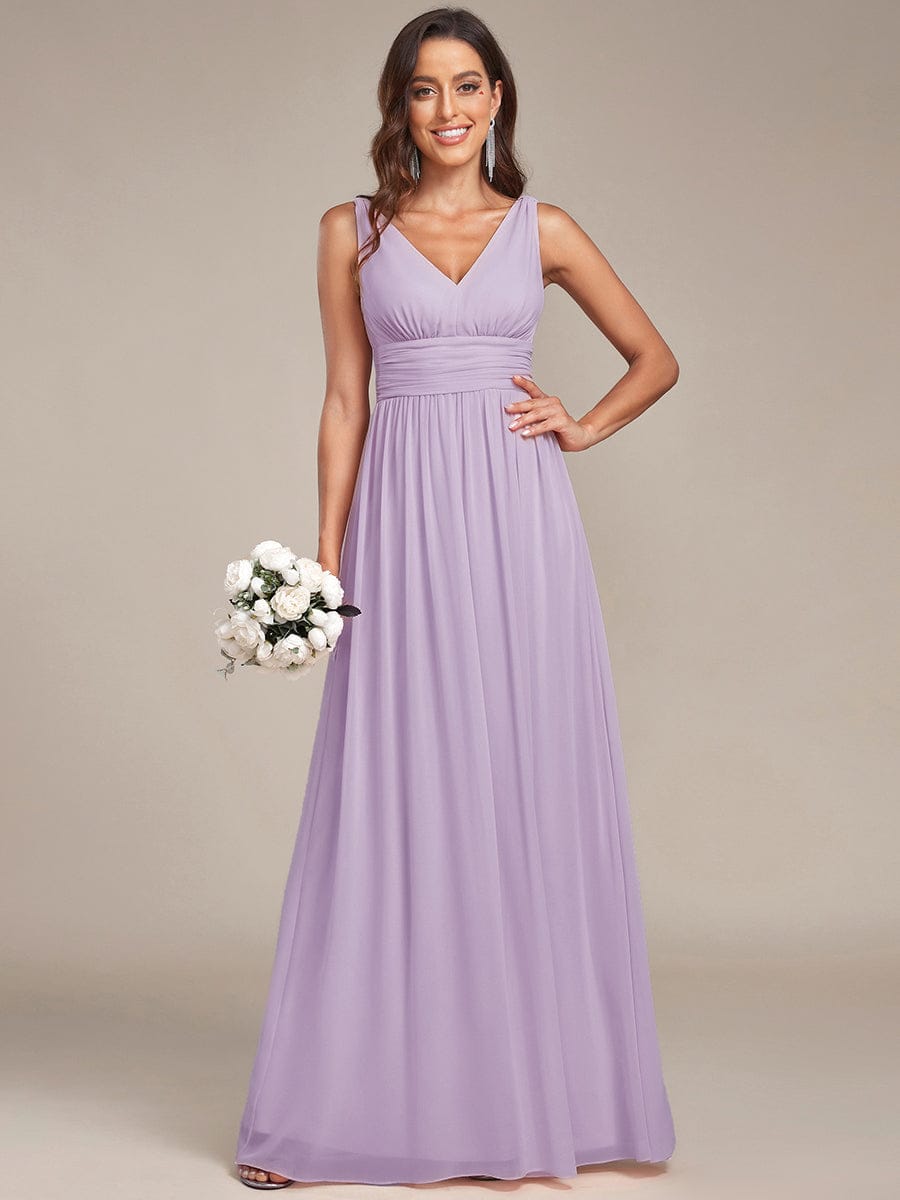 V Neck Sleeveless Pleated Chiffon Maxi Evening Dress #color_Frosted Lilac