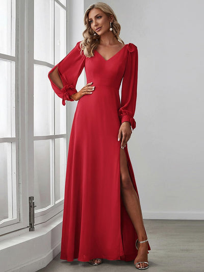 Gentle Split Sleeve Low Back Thigh Slit Bridesmaid Dress #color_Red
