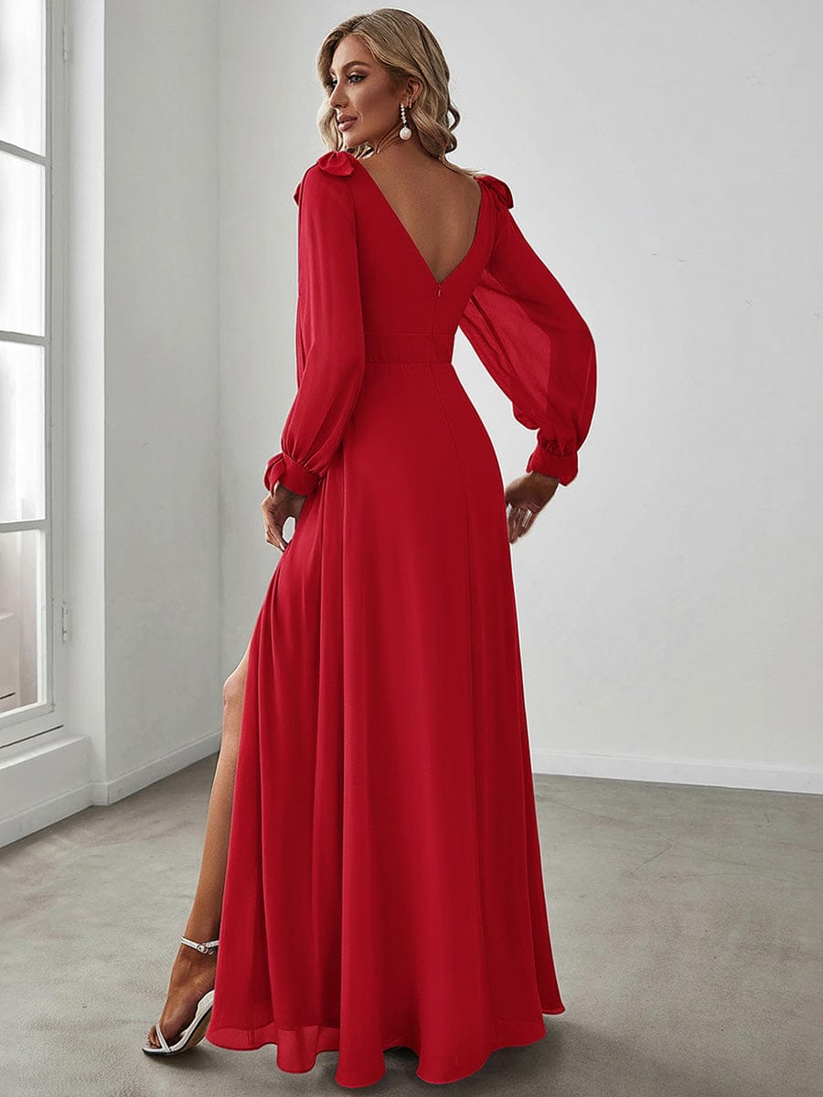 Gentle Split Sleeve Low Back Thigh Slit Bridesmaid Dress #color_Red
