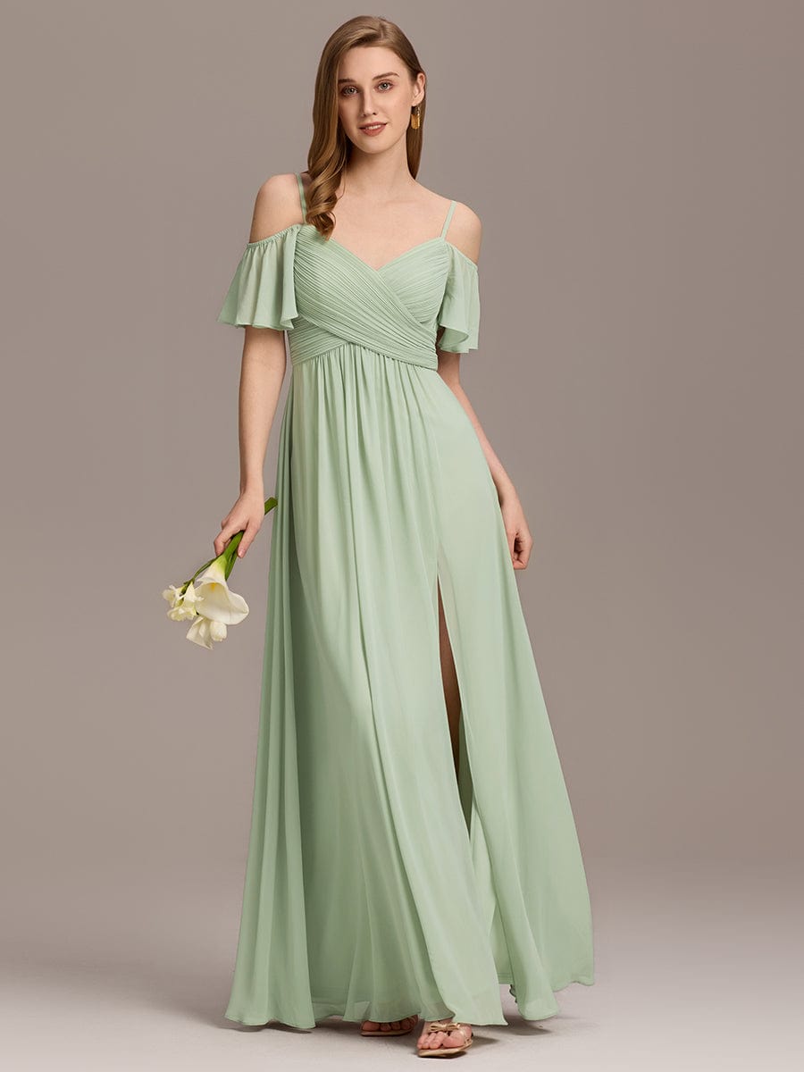 Off-Shoulder Pleated High Split Bridesmaid Dress