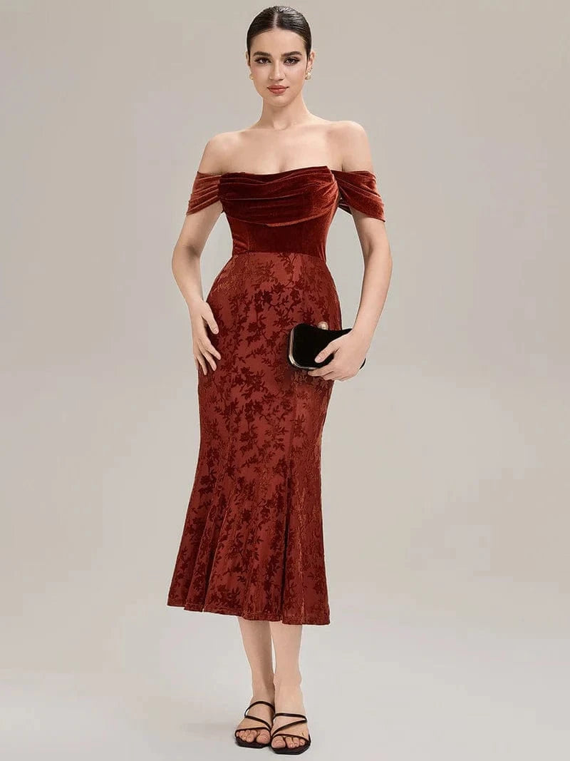 Off Shoulder Cowl Neck Velvet Wedding Guest Dress