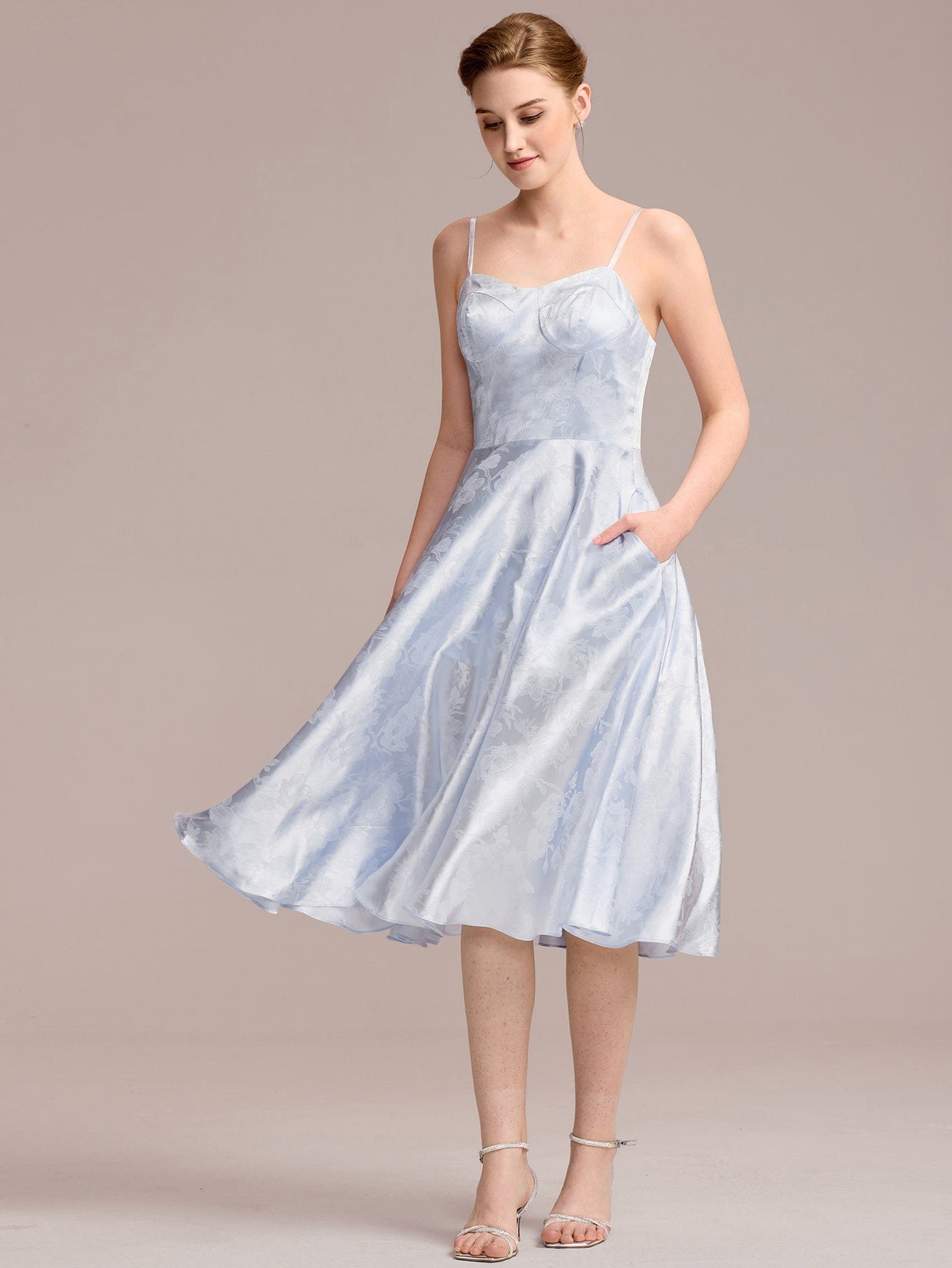 Printed Satin Sling Guest Dress with Pockets #color_Ice Blue