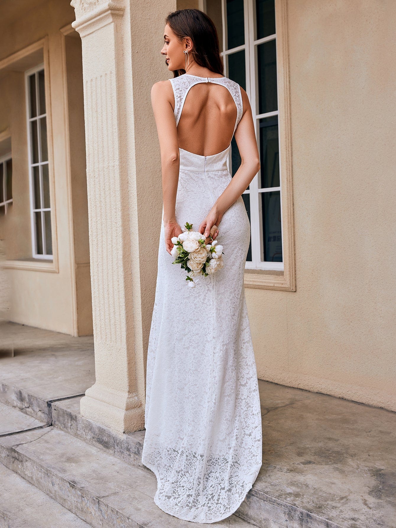 Lace Open Back Bodycon Wedding Dress #color_White