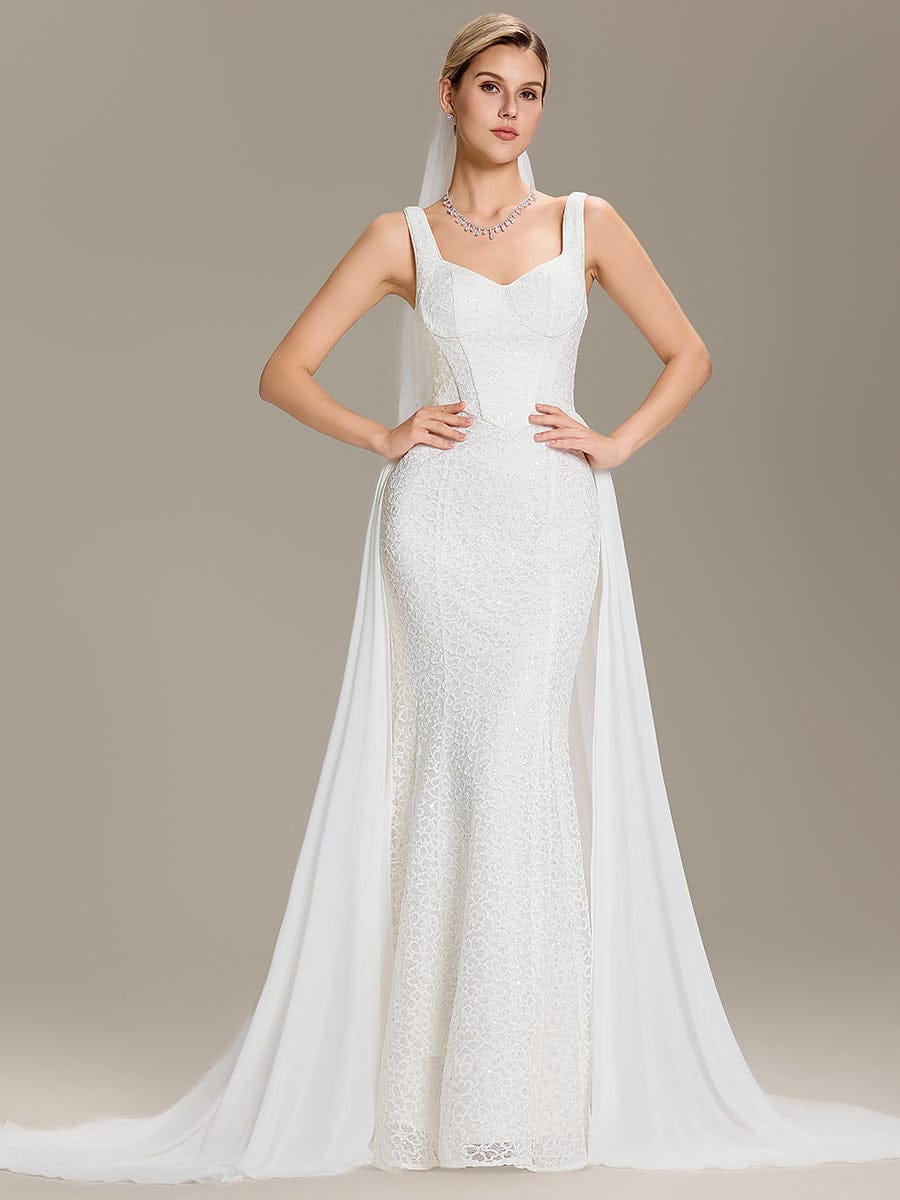 Sweetheart Neck Fishtail Sequin Backless Wedding Dresses #color_White