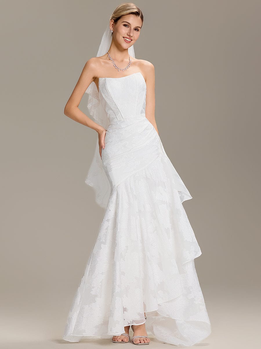 Strapless Cold Shoulder Fishtail Jacquard Wedding Dress #color_White