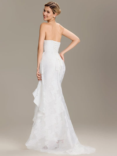 Strapless Cold Shoulder Fishtail Jacquard Wedding Dress #color_White