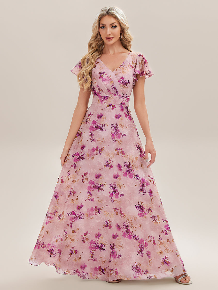 V-Neck Ruffle Sleeve Chiffon Bridesmaid Dress #color_Light Purple Print