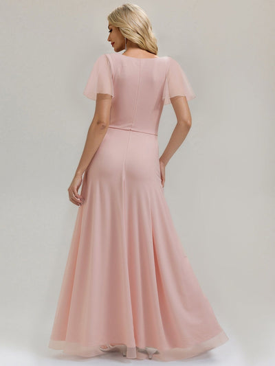 Flowing Ribbon Side Slit Bridesmaid Dress #color_Pink