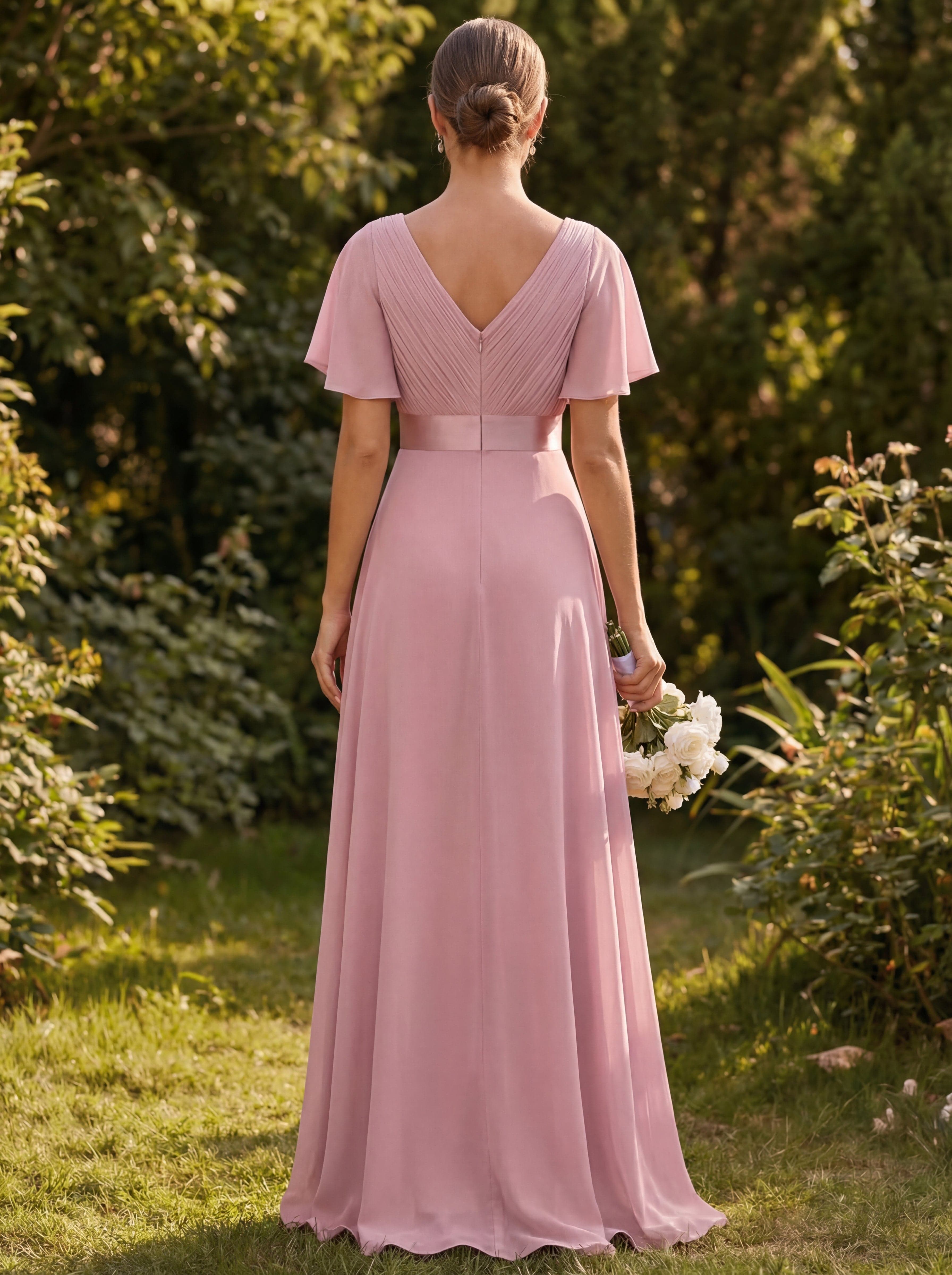 Empire Waist Floor Length Bridesmaid Dress with Short Flutter Sleeves #color_Dusty Rose