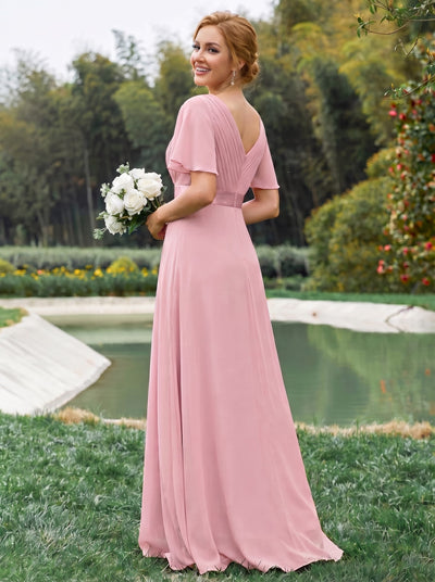 Long Empire Waist Bridesmaid Dress with Short Flutter Sleeves #color_Dusty Rose
