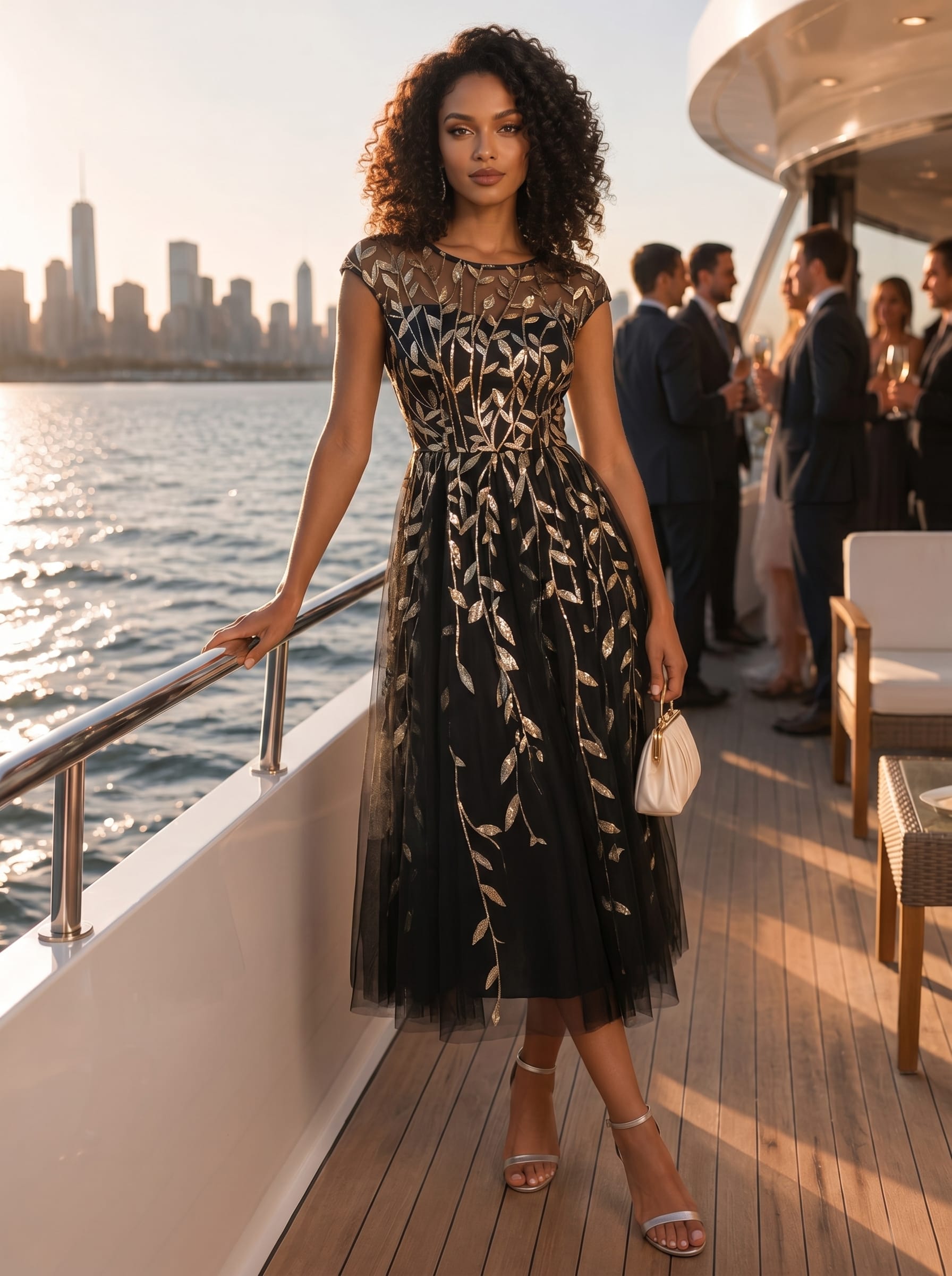 See-through Sequin Cap Sleeve Dress #color_Black & Gold