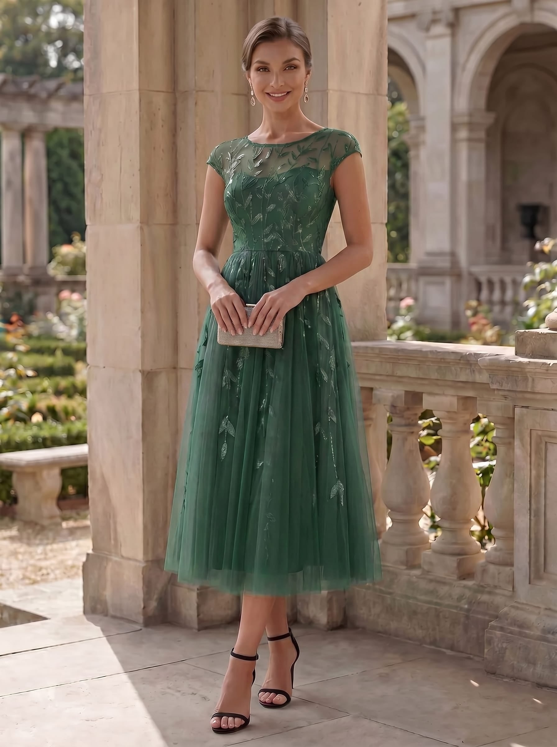 See-through Sequin Cap Sleeve Dress #color_Eucalyptus Green