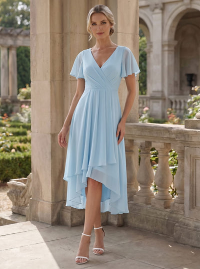 ever LARK|Chiffon Elegance Short Sleeve High-Low Wedding Guest Dress