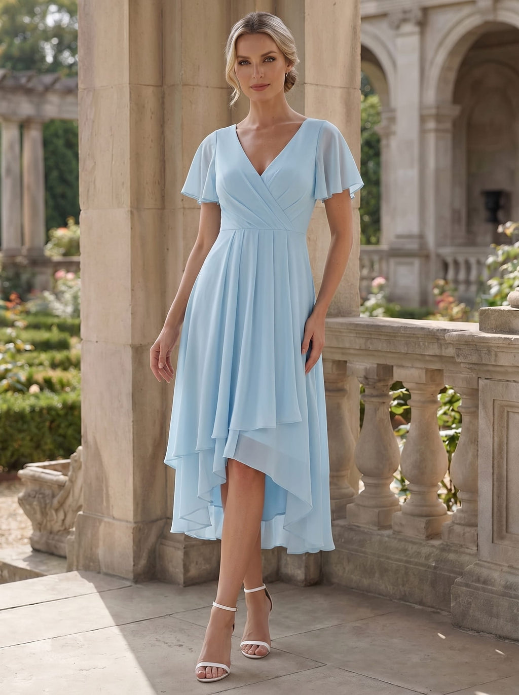 LARK Chiffon Elegance Short Sleeve High Low Wedding Guest Dress