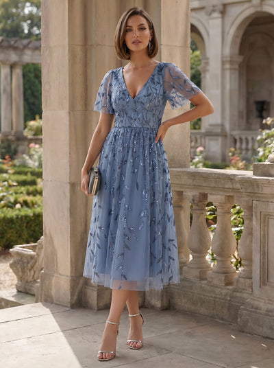 ever SIMONE|Leaf Sequin Short Sleeve Tulle Midi Wedding Guest Dress