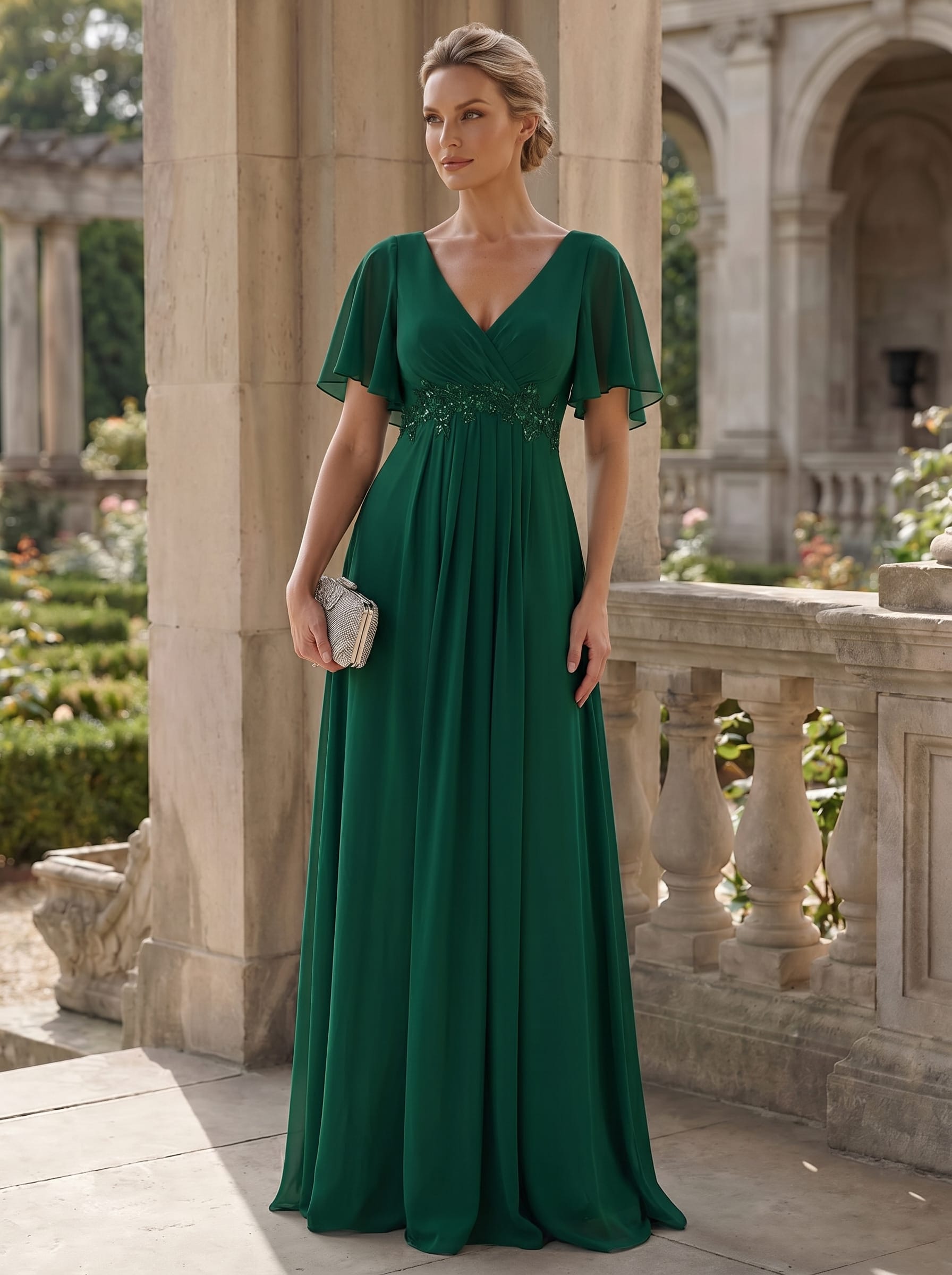 Elegant Chiffon Applique Evening Dress with Flutter Sleeves #color_Dark Green