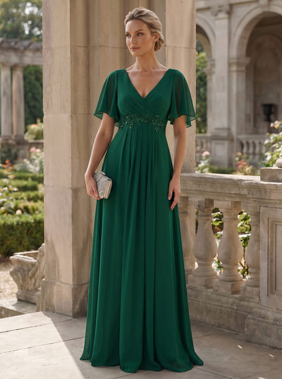 Elegant Chiffon Applique Evening Dress with Flutter Sleeves #color_Dark Green