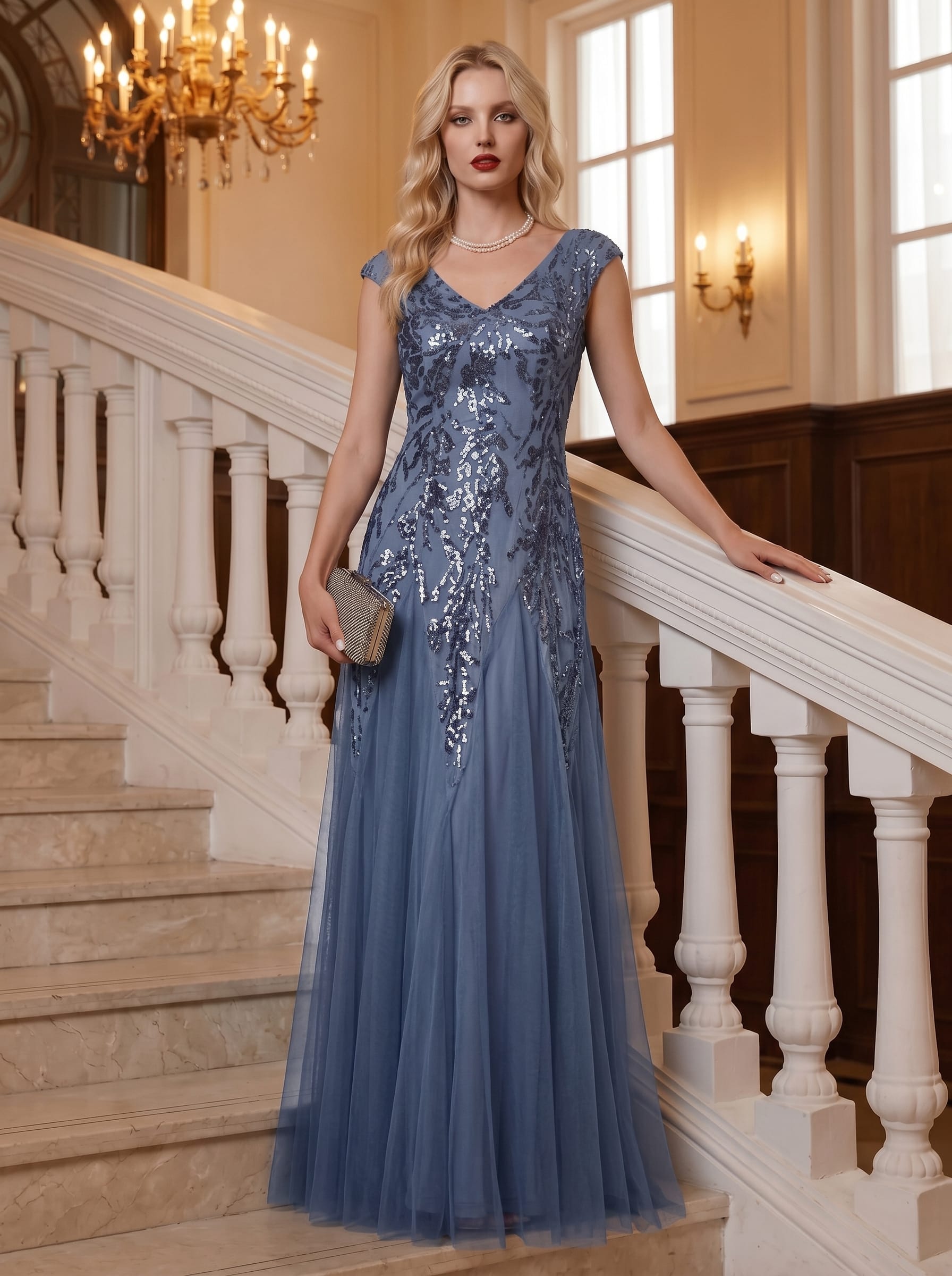 Embroidered Sequin Cap Sleeve Dress #color_Dusty Blue