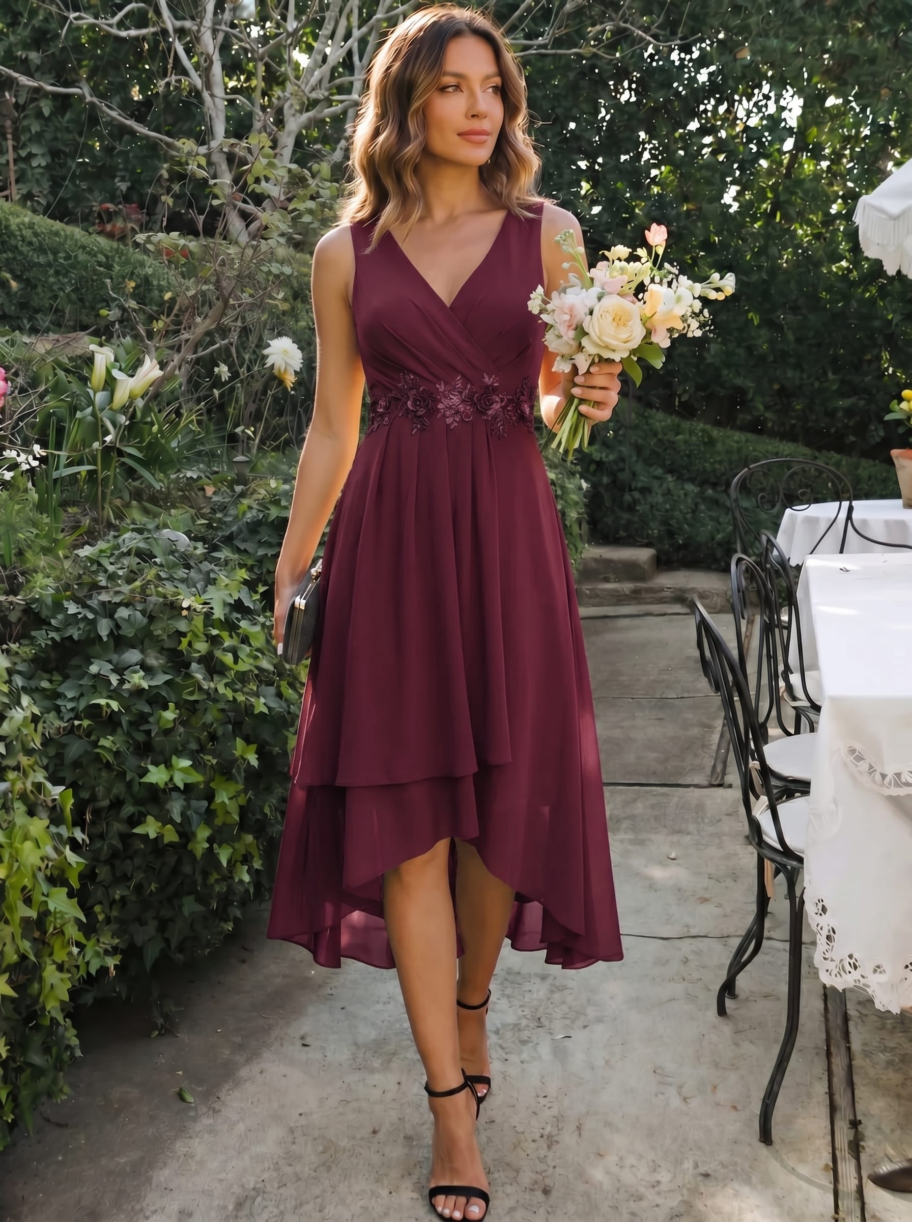 Sleeveless Chiffon High-Low Wedding Guest Dress with Waist Applique #color_Burgundy