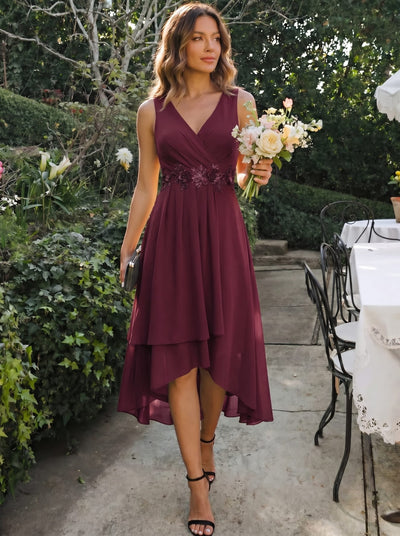 ever IRYS|Sleeveless Chiffon High-Low Wedding Guest Dress with Waist Applique