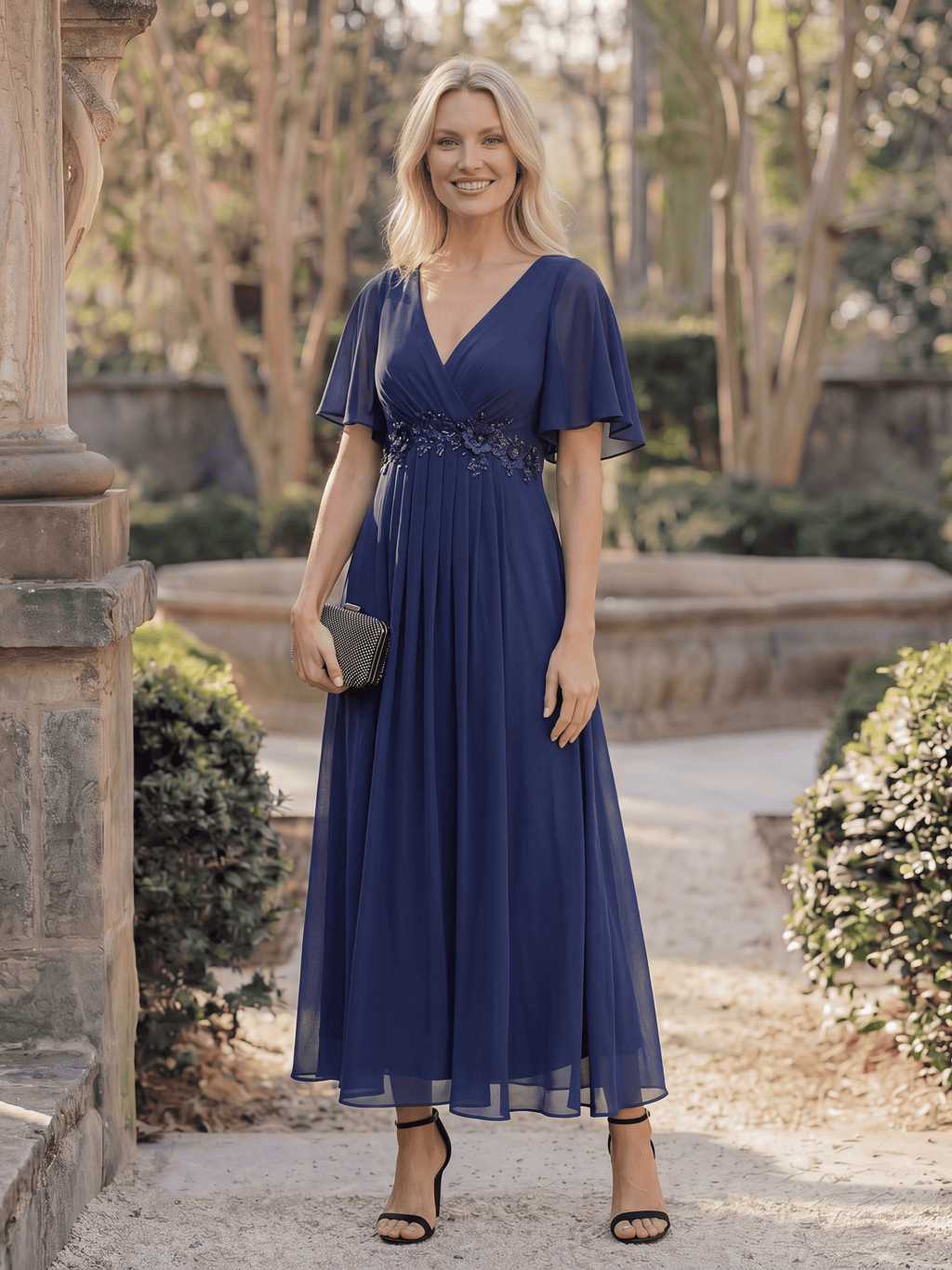 DAHLIA V Neck Chiffon Midi Wedding Guest Dress Waist Applique