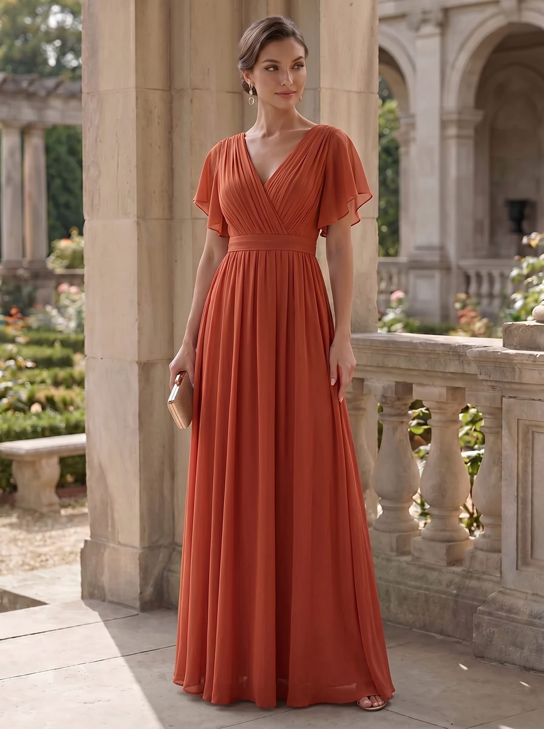 V-Neck Flutter Sleeve Floor-Length A-Line Chiffon Evening Dress #color_Burnt Orange