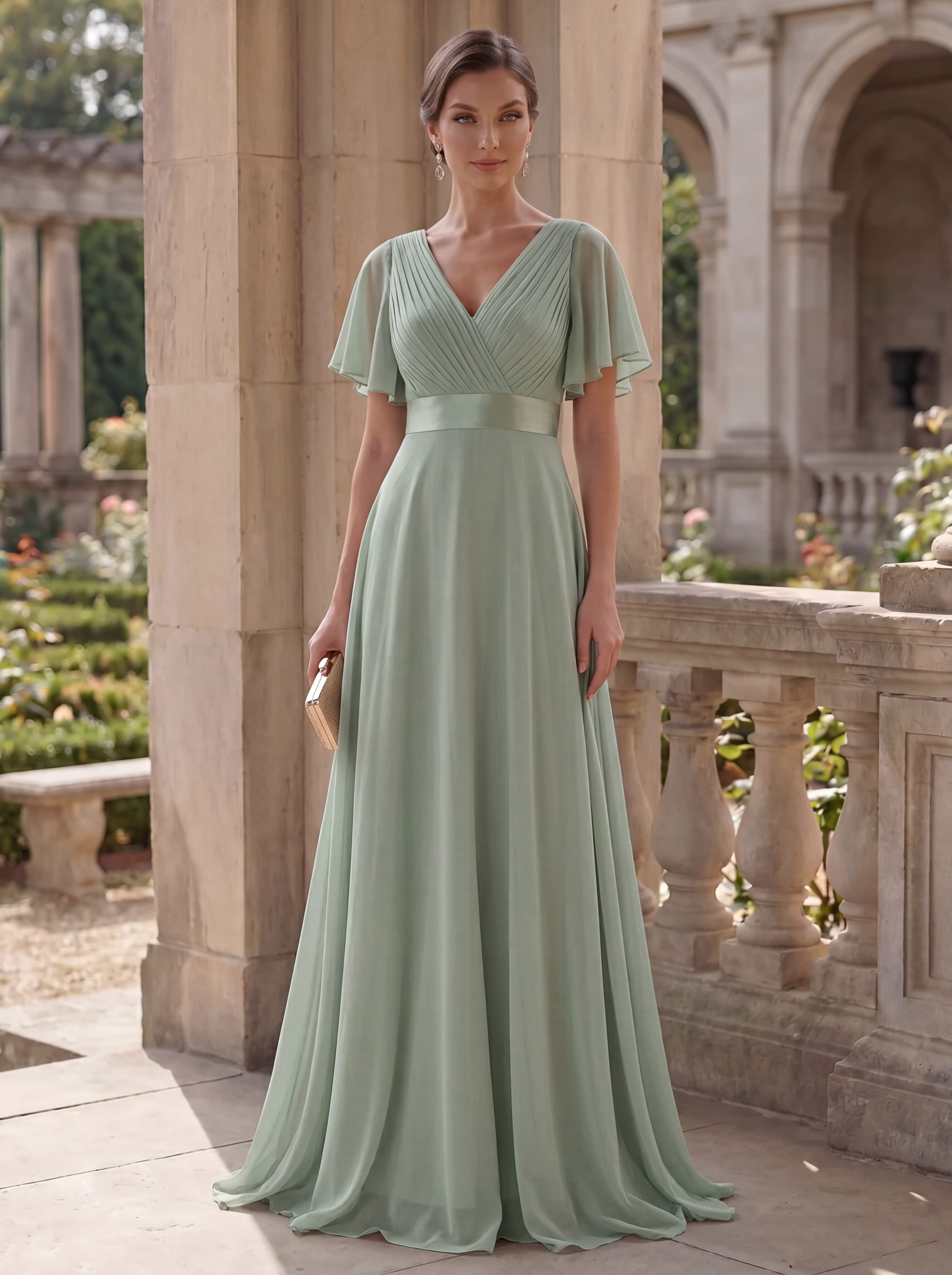 Long Empire Waist Bridesmaid Dress with Short Flutter Sleeves #color_Mint Green