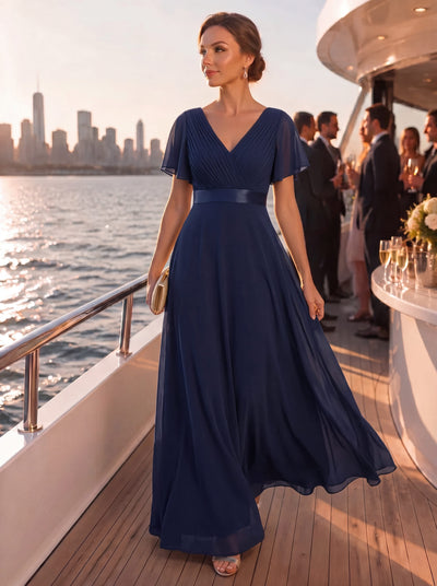 ever MONICA|Long Empire Waist Bridesmaid Dress with Short Flutter Sleeves