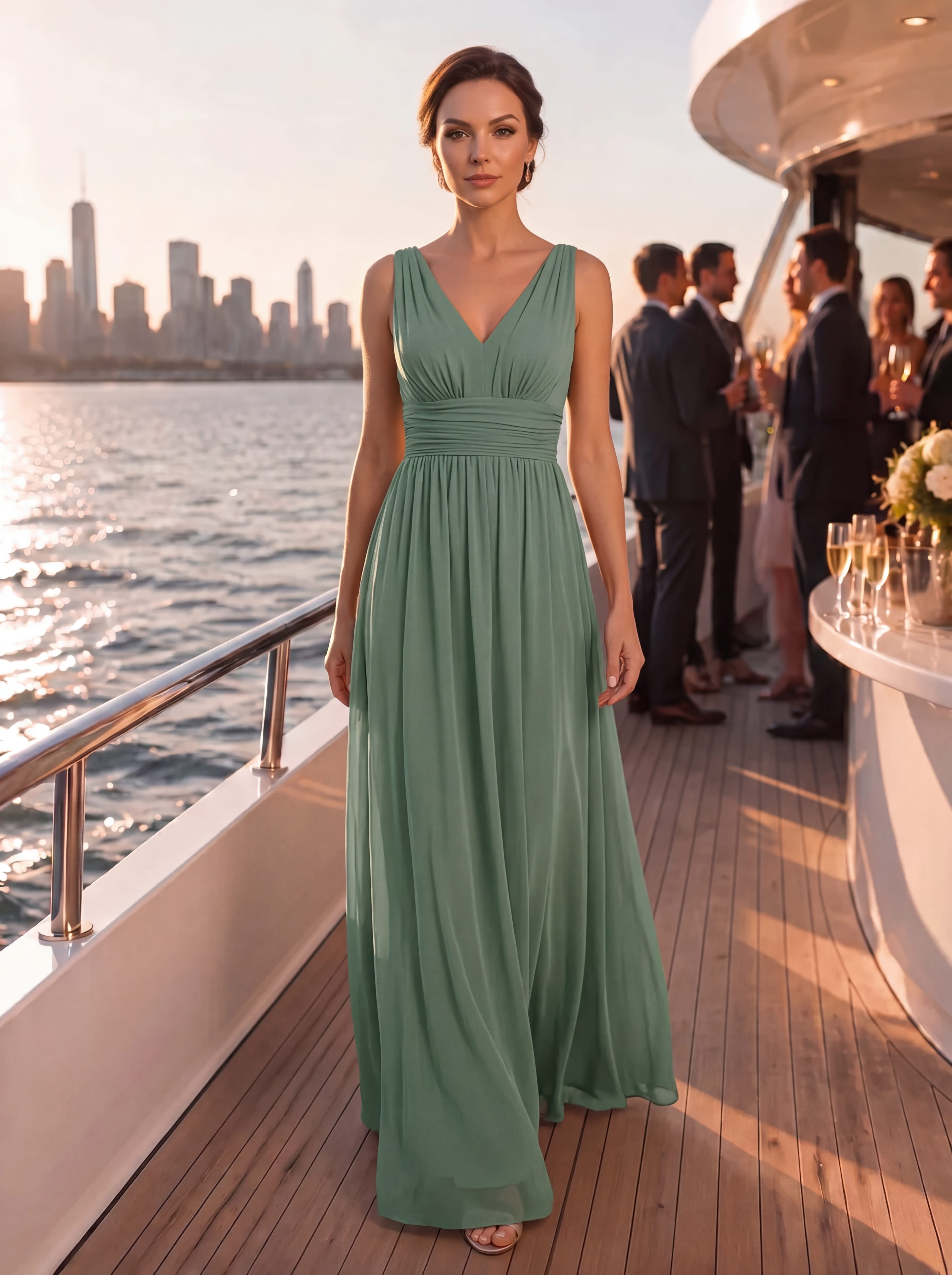 Elegant V Neck A Line Chiffon Maxi Bridesamid Dresses #color_Eucalyptus Green